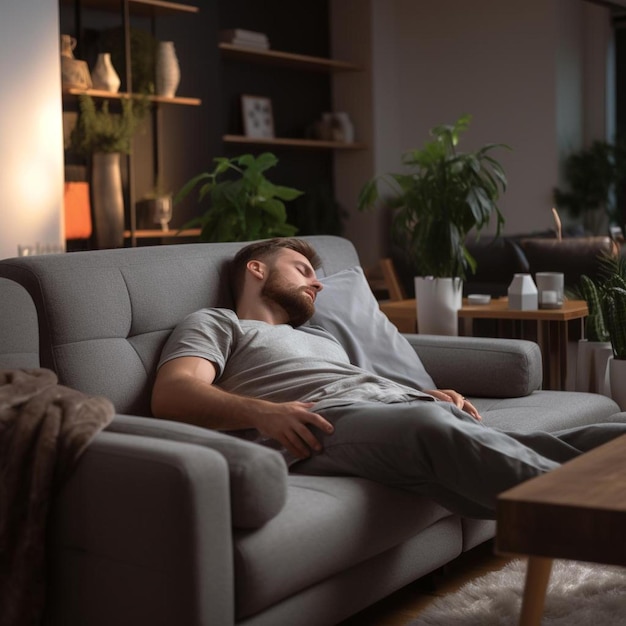 erschöpfter junger Mann schlief auf einer bequemen Couch im modernen Wohnzimmer ein, ohne danach Energie zu haben