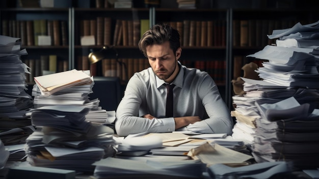 Erschöpfter Mann in einem Büro voller Ordner, Dokumente und Arbeitskonzept für psychische Gesundheit