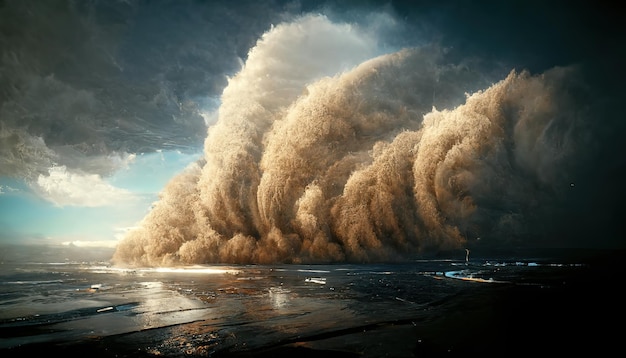 Erschreckender riesiger Tsunami im Ozean unter dramatischem Himmel