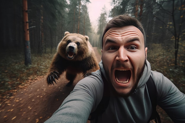 Erschrockenes Mann-Selfie mit Bär Generate Ai