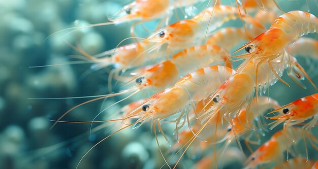 Erstaunen Sie sich über das Wasserballett Eine orangefarbene Garnele inmitten des schwimmenden Grünen