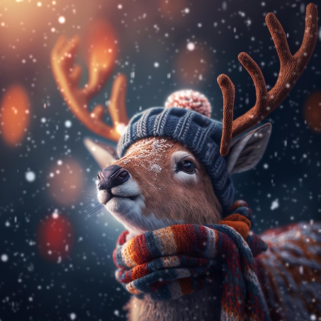 Erstaunlich süßer Hirsch mit Strickmütze und Schal an Silvester mit Schnee auf Natur 3D-Illustration