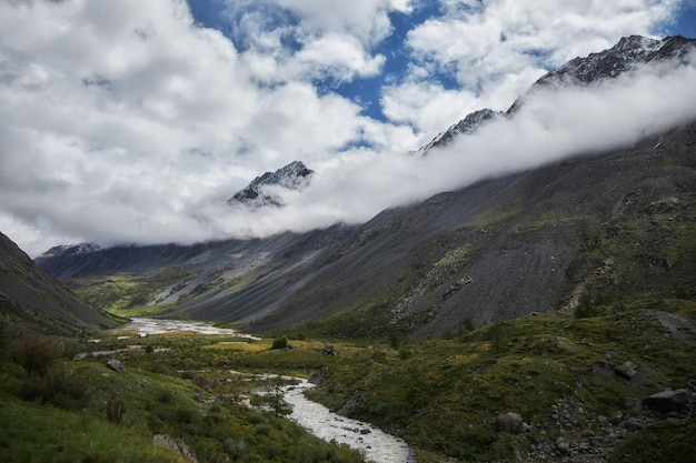 Erstaunliche alpine Landschaft Berge der Mongolei Panorama des Bergtalflusses atemberaubende Aussicht auf das Tal im Sommer Wandernde Tierwelt Eisgipfel