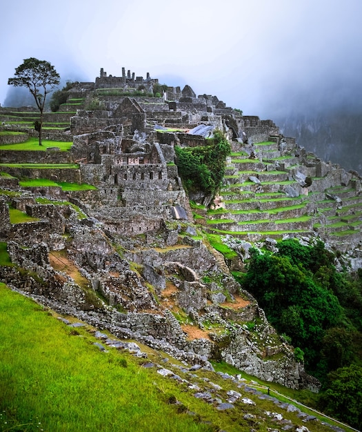 Erstaunliche Aussicht auf die majestätische Machupicchu-Tempellandschaft, die im Hintergrund mit Nebel bedeckt ist