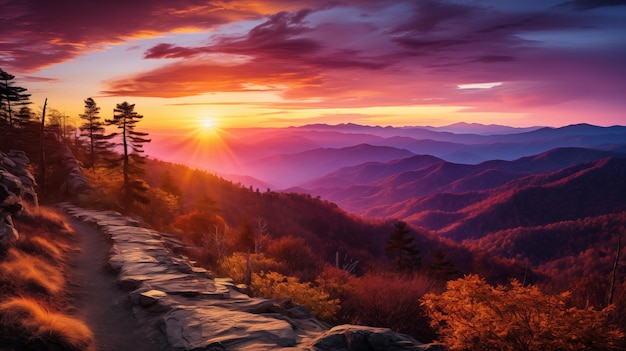 Erstaunliche Berglandschaft mit farbenfrohen, lebhaften Sonnenuntergängen Sonnenuntergang im Sommer in den Bergen