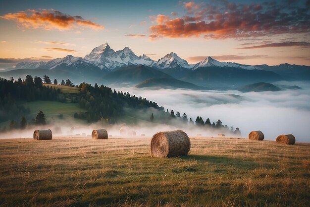 Erstaunliche Berglandschaft mit Nebel und Heuhaufen