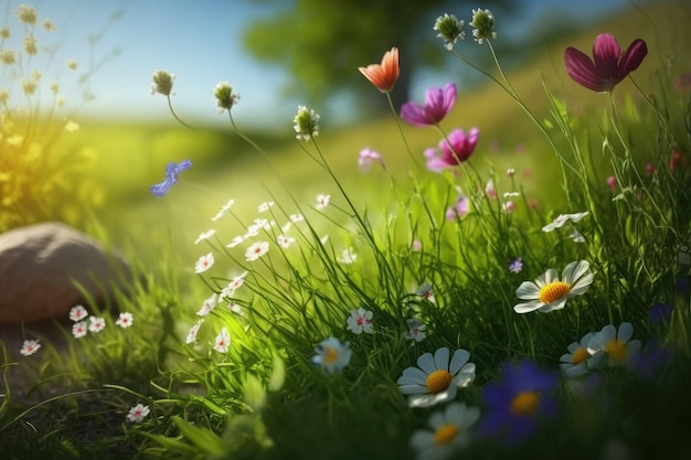 Erstaunliche Frühlingswiese mit Blumen, die sich im Sonnenschein aalen