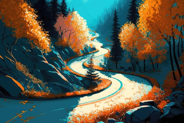 Erstaunliche Herbstlandschaft mit einer Straße, die sich durch einen Wald schlängelt und in der Sonne leuchtet