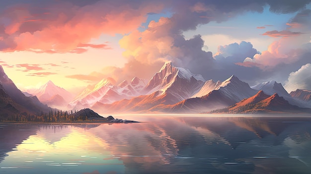 Erstaunliche Landschaft eines nebligen Morgensee umgeben von Bergen KI-generierte Illustration