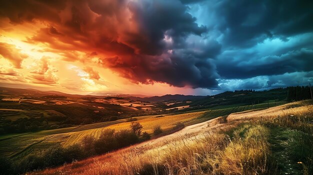 Erstaunliche Landschaft mit einem bunten Himmel und einem wunderschönen Weizenfeld im Vordergrund Das Bild ist voller Kontraste und lebendiger Farben