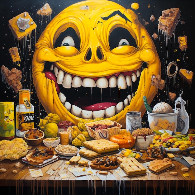 Erstaunliche Malkunst eines Clowns mit großem Gesicht mit Essens-Cartoon-Kompositionen, generative KI