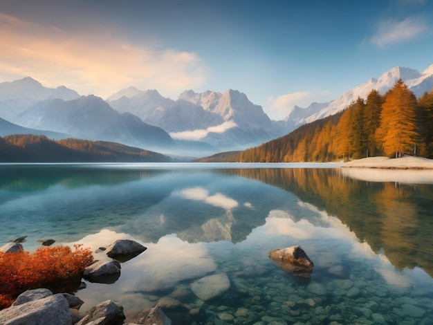 Erstaunliche Morgenszene des Eibsees mit der Zugspitze im Hintergrund