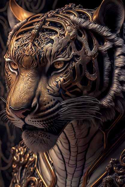 Erstaunliche Nahaufnahme eines majestätischen Fantasy-Tigers, der von AI generiert wird