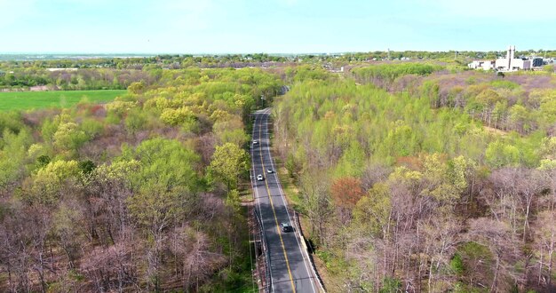 Erstaunliche Naturlandschaft der Luftpanoramablick auf eine Straße mitten im schönen Wald