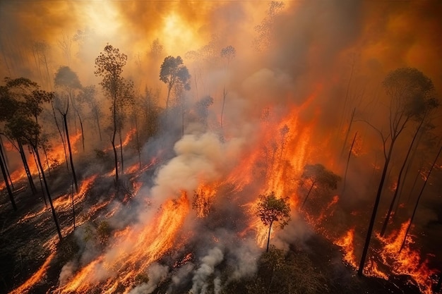 Erstaunliche ökologische Katastrophe, dargestellt durch einen ausgedehnten wütenden Waldbrand. Generative KI