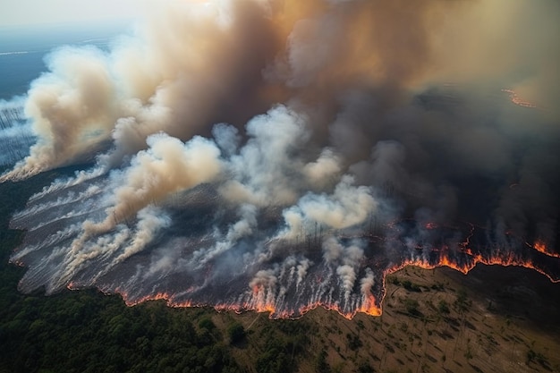 Erstaunliche ökologische Katastrophe, dargestellt durch einen ausgedehnten wütenden Waldbrand. Generative KI