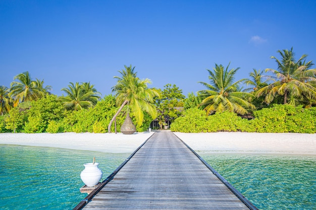 Erstaunliche Panoramalandschaft des Strandes der Malediven Tropische Strandlandschaft Meereslandschaft Luxus-Wasservilla-Resort Holzsteg Luxuriöser Reisezielhintergrund für Sommerferien und Urlaubskonzept