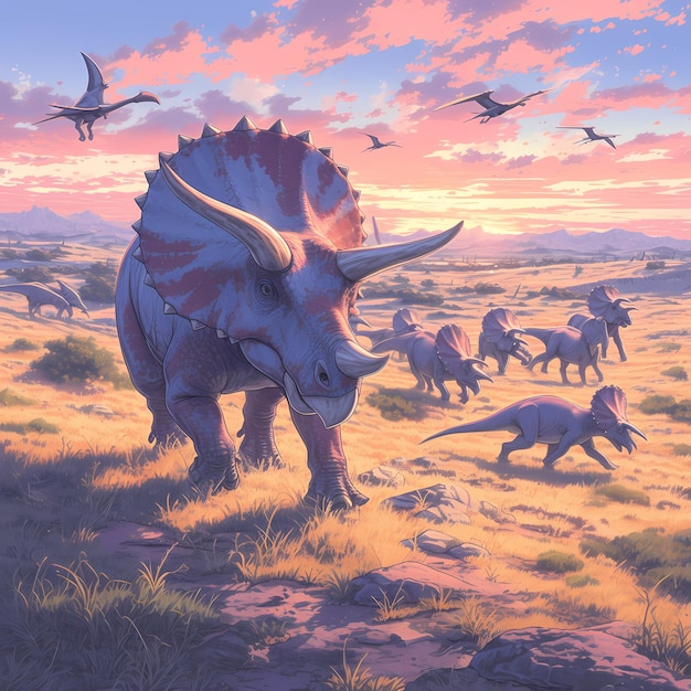 Erstaunliche Triceratops-Wanderungsszene Epos Prehistorisches Abenteuer