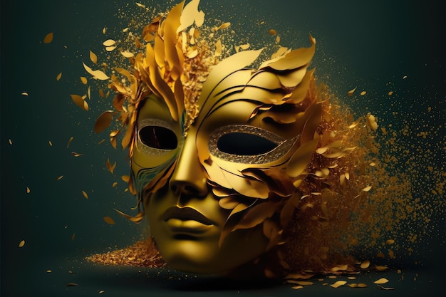 Erstaunliche und schöne goldene und glänzende Karnevalsmaske auf dunklem Hintergrund Spaßzeit Generative KI