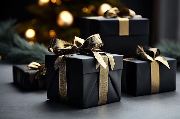 Erstaunliche Weihnachtsgeschenkkisten Geburtstagsgeschenkkisten Fröhliche Neujahrsfeier in Gold, generiert von KI