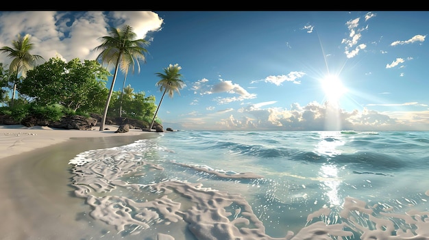 Erstaunlicher Blick auf den Strand mit weißem Sand und Palmen mit dem türkisfarbenen Ozean im Hintergrund