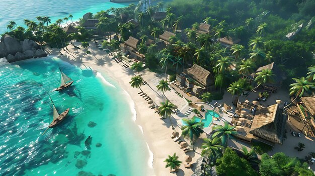 Erstaunlicher Blick aus der Vogelperspektive auf einen tropischen Strand mit Palmen, weißem Sand und kristallklarem Wasser