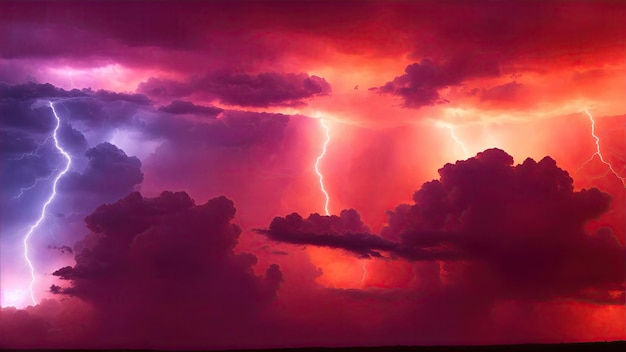 Erstaunlicher Blitzsturm im orangefarbenen Licht und dunkle Wolken am Himmel Wetterhintergrundbanner