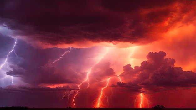 Erstaunlicher Blitzsturm im orangefarbenen Licht und dunkle Wolken am Himmel Wetterhintergrundbanner