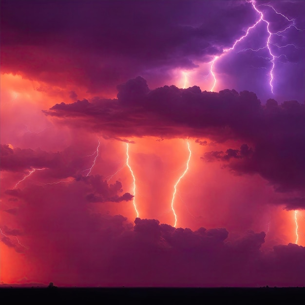 Erstaunlicher Blitzsturm im orangefarbenen Licht und dunkle Wolken am Himmel Wetterhintergrundbanner
