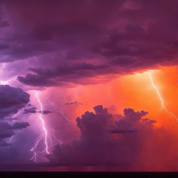 Erstaunlicher Blitzsturm im orangefarbenen Licht und dunkle Wolken am Himmel Wetterhintergrundbanner