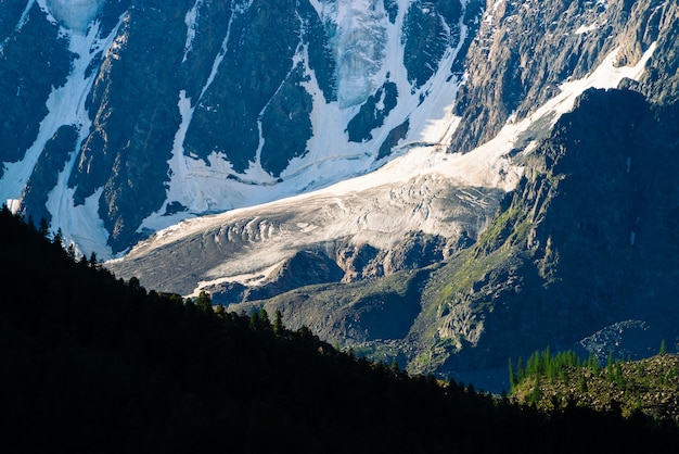 Foto erstaunlicher enormer gletscher über waldabschluß oben. schnee am berghang.