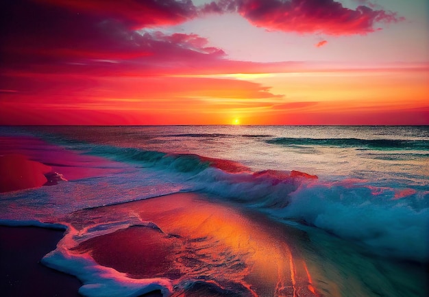 Erstaunlicher farbenfroher Meeresstrand bei Sonnenuntergang mit endlosem Horizont und unglaublichen schaumigen Wellen, erzeugt mit Gen