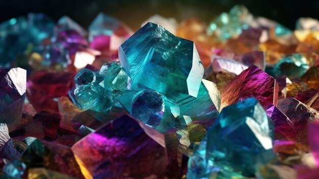 Erstaunlicher, heller und glänzender Fluorit-Kristallcluster-Hintergrund Juwelmineral-Details Generative KI