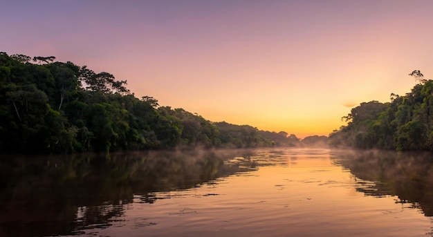 Erstaunlicher Sonnenaufgang am Amazonas mit Nebel