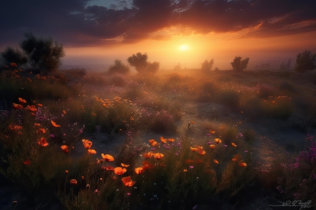 Erstaunlicher Sonnenuntergang über einer wunderschönen Landschaft voller Blumen Generative AI