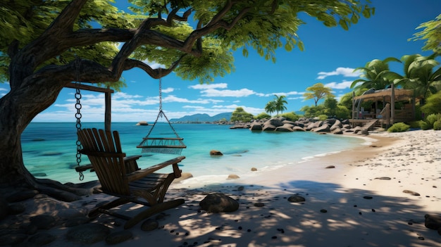 Erstaunlicher tropischer Strandhintergrund als Sommerlandschaft mit weißem Sand und ruhigem Meer sonniger Strand mit Schaukel oder Liegestuhl am Strand