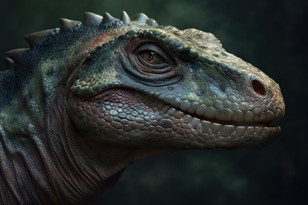 Erstaunlicher und fotorealistischer Dinosaurier aus der Jurazeit. Gigantisches Reptil. Nahaufnahme. Schöner und gruseliger Dinosaurier. Gefährlicher Dino. Generative KI
