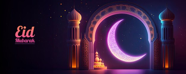 Erstaunliches Architekturdesign der muslimischen Moschee Halbmond Ramadan Mubarak Konzept Generative KI Leuchtende Lichter