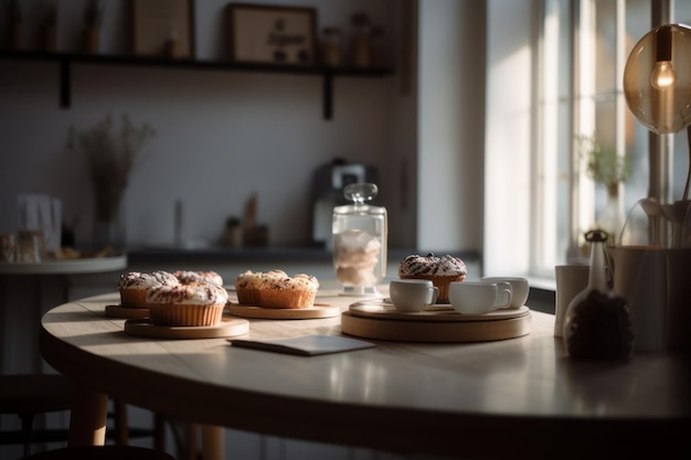 Erstaunliches Foto von wunderschönen Bäckereien und Kuchen im Café-Hintergrund im nordischen Stil