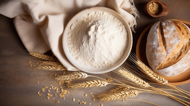 Erstaunliches frisches Brot mit Weizenkorn und einer Schüssel Mehl