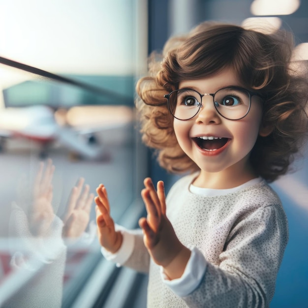 Erstaunliches, lockiges, kaukasisches, lächelndes Kleinkind mit dunkelbraunen Augen mit Brille am Flughafenfenster