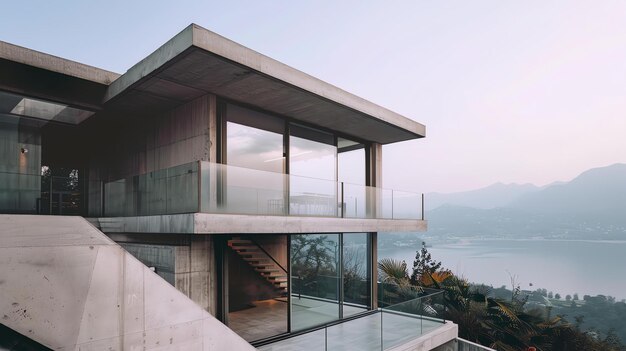 Erstaunliches modernes Architekturhaus mit riesigen Glasfenstern und Terrasse mit atemberaubendem Blick auf den See und die Berge