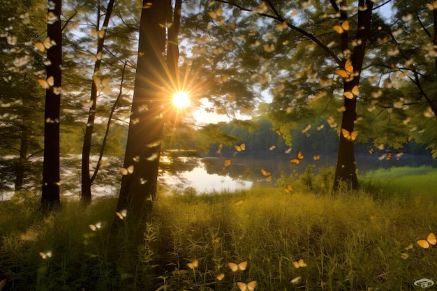 Foto erstaunliches sonnenlicht im wilden wald bei sonnenuntergang. goldene strahlen, die durch das üppige grüne laub einer eiche mit schmetterlingen scheinen, zeigen die schönheit der ruhe der natur