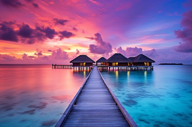 Erstaunliches Sonnenuntergangspanorama auf der Meereslandschaft der Luxusresortvillen auf den Malediven