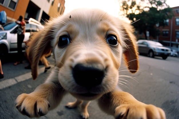 Foto erstaunliches werbefoto eines glücklichen, niedlichen welpen-hundes mit gesicht und körper