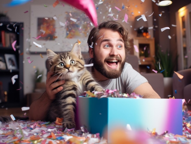 Erstaunter Mann öffnet Box und findet schelmisches Kätzchen