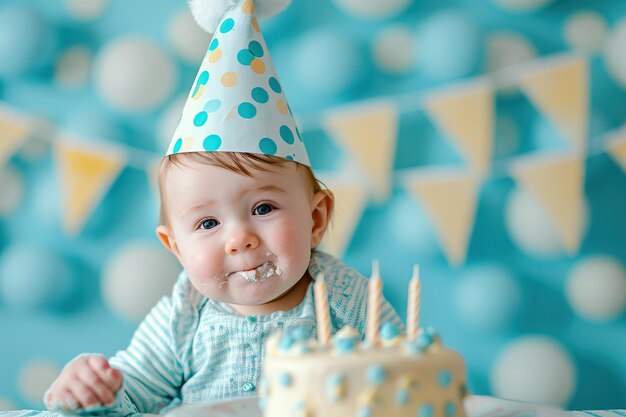 Erste Geburtstagsfeier des Babys Junge in einem Geburtstagshut sitzt an einem Tisch vor einem Kuchen