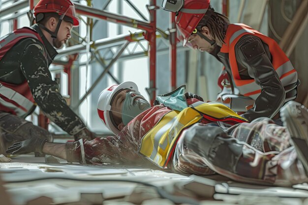 Foto erste hilfe für bauarbeiter, die bei der arbeit von einem gerüst fallen