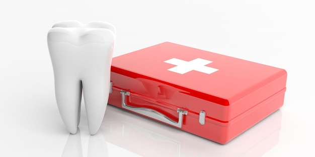 Erste-Hilfe-Kasten und ein Zahnmodell isoliert auf weißem Hintergrund 3D-Darstellung