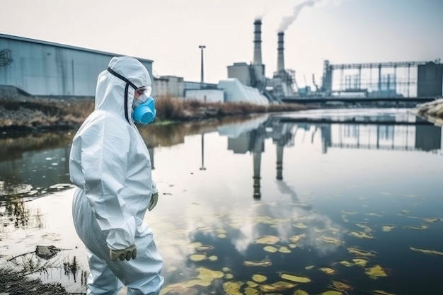 Erste Sicherheitsmitarbeiter in chemischen Schutzausrüstungen, die die Reinheit des Wassers gewährleisten